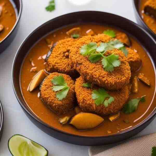 Рассыпчатый рис с баклажанами и курицей карри